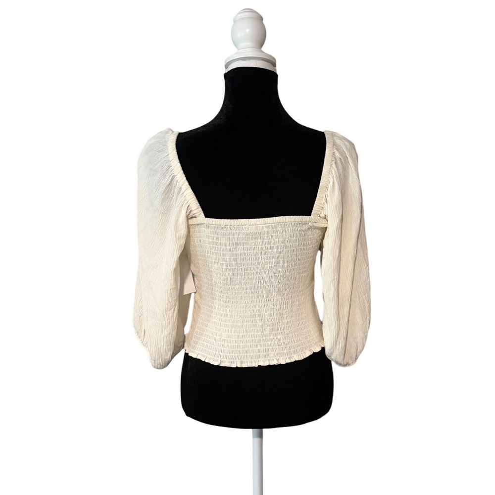 1.STATE Womens Medium NWT Smocked Crop Top Ivory Square Neck Puff Sleeve Boho - Picture 2 of 6